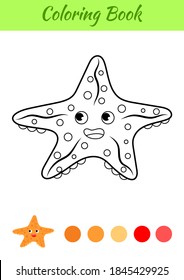 Coloring page happy starfish. Coloring book for kids. Educational activity for preschool years kids and toddlers with cute animal. Flat cartoon colorful vector illustration.