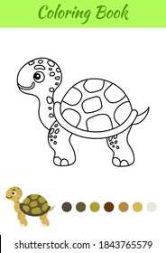 Coloring page happy turtle. Coloring book for kids. Educational activity for preschool years kids and toddlers with cute animal. Flat cartoon colorful vector illustration.
