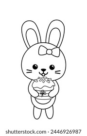 Coloring page hare holding Easter cake. Black and white Easter cake and bunny. Color me. Isolated vector illustration eps 10