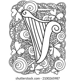 Coloring page with harp for St Patricks day, ornate patterns and clover for festive activity vector illustration