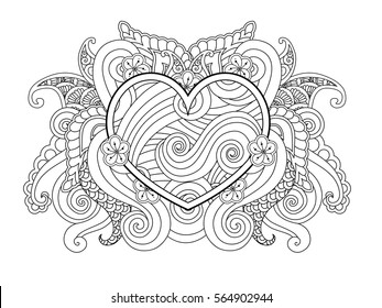 Coloring page with heart and abstract element isolated. Happy Valentines Day Graphic for print, card. Horizontal composition. Coloring book for adult and older children. Editable vector illustration.
