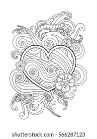 Coloring page with heart and abstract element isolated. Happy Valentines Day Graphic for print, card. Vertical composition. Coloring book for adult and older children. Editable vector illustration.
