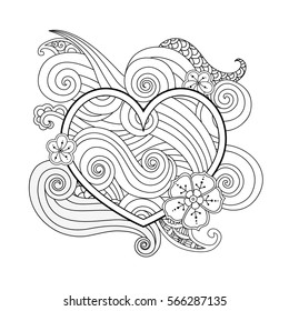 Coloring page with heart and abstract element isolated. Happy Valentines Day Graphic for print, card. Square composition. Coloring book for adult and older children. Editable vector illustration.
