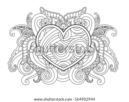 Coloring page with heart and abstract element isolated. Happy Valentines Day Graphic for print, card. Horizontal composition. Coloring book for adult and older children. Editable vector illustration.
