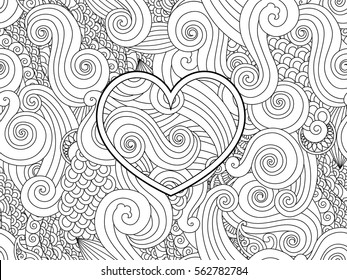 Coloring page with heart and asian wave curl ornament. Happy valentine day love card. Horizontal composition. Seamless pattern. coloring book for adult and children. Editable art vector illustration.