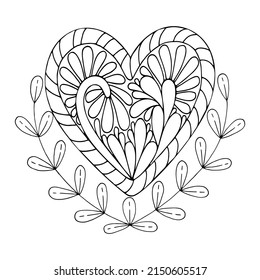 Coloring page heart. Laurel branch with leaves. Candy heart with a pattern. Valentine design. Hand drawn vector line art. Coloring book for children and adults. Romantic black and white sketch.