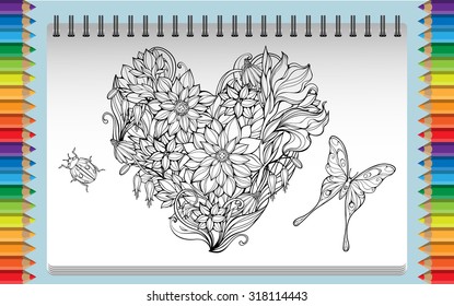 coloring page with heart made of flowers, bug and butterfly
