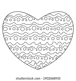 Färben eines mit Wellen und Kreisen geformten Seitenherzes, Valentinenkarte mit einfachen Mustern, Vektorgrafik