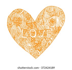 Coloring page heart St Valentine's day greeting card hand made print digital art printable doodle children adult craft, hand draw. white orange background. henna