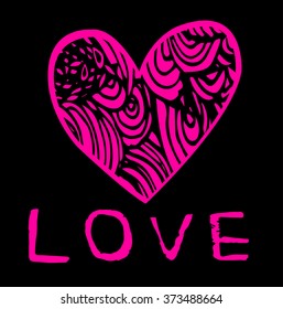 Coloring page heart St Valentine's day greeting card hand made print digital art printable doodle children adult craft, hand draw. pink black background. henna
