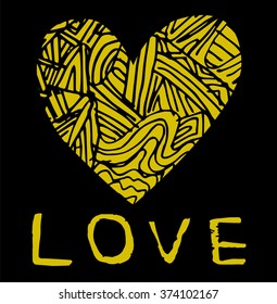 Coloring page heart St Valentine's day greeting card hand made print digital art printable doodle children adult craft, hand draw. yellow black background. henna