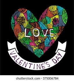 Coloring page heart St Valentine's day greeting card hand made print digital art printable doodle children adult craft, hand draw. colorful black white background. henna