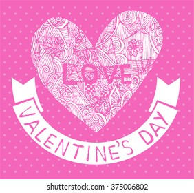 Coloring page heart St Valentine's day greeting card hand made print digital art printable doodle children adult craft, hand draw. pink white background. henna