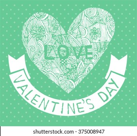 Coloring page heart St Valentine's day greeting card hand made print digital art printable doodle children adult craft, hand draw. green white background. henna