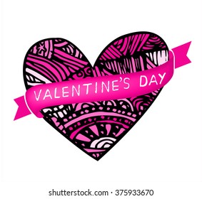 Coloring page heart St Valentine's day greeting card hand made print digital art printable doodle children adult craft, hand draw. pink white background. henna
