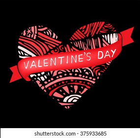 Coloring page heart St Valentine's day greeting card hand made print digital art printable doodle children adult craft, hand draw. red black background. henna