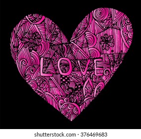 Coloring page heart St Valentine's day greeting card hand made print digital art printable doodle children adult craft, hand draw. white pink background. henna