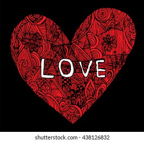 Coloring page heart St Valentine's day greeting card hand made print digital art printable doodle children adult craft, hand draw. red black background. henna