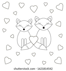 Coloring page with hearts and foxes. Vector illustration