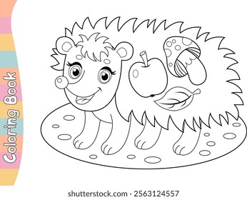 Coloring page hedgehog with a mushroom, leaf and apple in a clearing. Coloring book. Coloring page. Vector illustration.