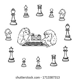 Coloring page. Hedgehogs play chess. Around them are chess pieces.