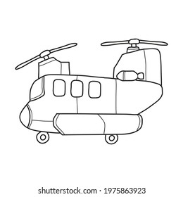 Coloring page of helicopter. Cartoon flying transport. Colouring book for kids and children. hand drawn style. vector illustration.