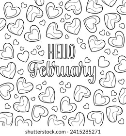 Coloring page Hello February, calligraphy letters on a hearts background