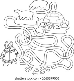 Coloring page. Help the Eskimo find the way to igloo