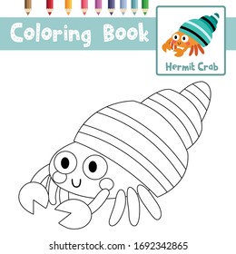 Coloring page Hermit Crab animal cartoon character for preschool kids activity educational worksheet  Vector Illustration 