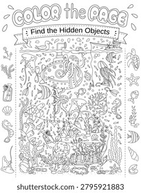 Coloring Page With Hidden Objects In The Underwater World
