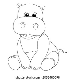 Coloring page Hippo animal, black and white cute hand drawn doodle illustration. kid print educational game page