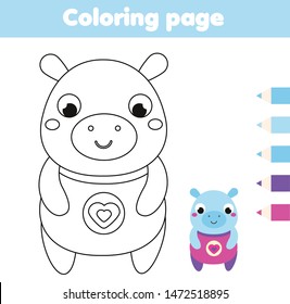 Coloring page with hippo. Drawing kids activity. Printable fun for toddlers and children. Animals theme