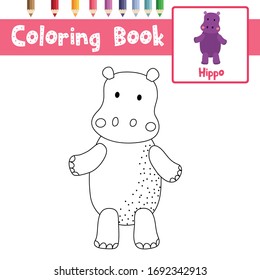Coloring page of Hippopotamus standing on two legs and animal cartoon character for preschool kids activity educational worksheet. Vector Illustration.