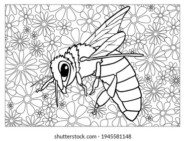 Coloring page Honey Bee With Flowers