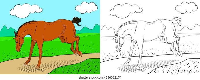 Coloring page with a horse and background