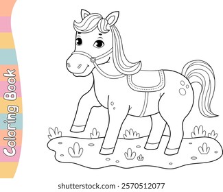 Coloring page of a horse galloping across a clearing. Coloring book. Coloring page. Vector illustration.