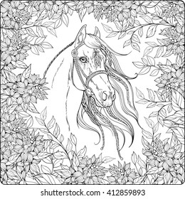 Coloring page with horse in the garden.