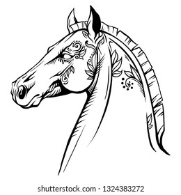 Coloring page horse head with a pattern of flowers. vector illustration.