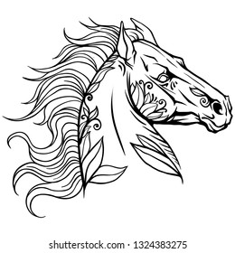 Coloring page horse head with a pattern of flowers. vector illustration.
