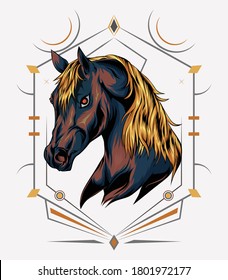 Coloring page of horse illustration. Colorless and color samples for adult antistress coloring book cover.