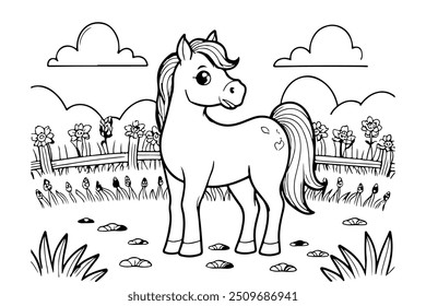 Coloring page of horse for kids coloring book