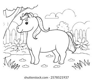 Coloring page of horse for kids coloring book