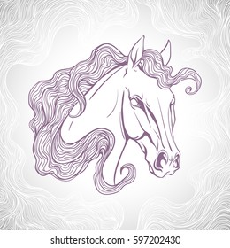 Coloring page horse portrait. Vector illustration. Print books. Pn gray background