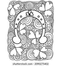 Coloring page with horseshoe for St. Patrick's day, ornate patterns for festive activity vector illustration