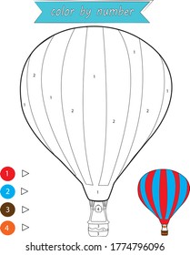 Coloring page with a hot air balloon in the sky. Kids coloring educational game, kids activity drawing.
