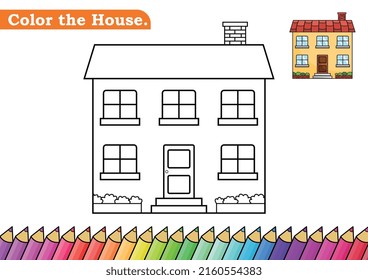 Coloring Page For House Vector Illustration. 
Kindergarten Children Coloring Pages Activity Worksheet With Big House Cartoon. 
House Isolated On White Background For Color Books.