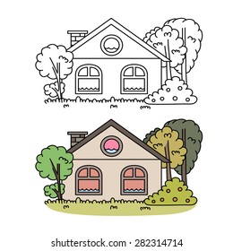 Coloring page with a house. Vector illustration.