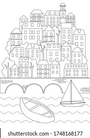 Coloring page with houses and bridge or montenegro architecture. Outline vector stock illustration with river or sea, boat and cute houses for print in coloring book