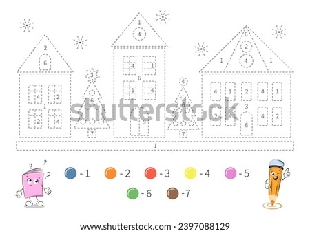 Coloring page with houses and Christmas trees for kids. Tracing contours, color by number, handwriting practice. Dashed lines. Vector illustration