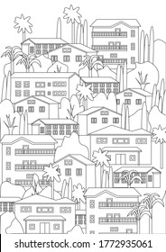 Coloring page with houses, cottages, balconies, a village and palm trees in the tropics. A4 Outline vector stock illustration with a colorless tropical village and architecture as a coloring